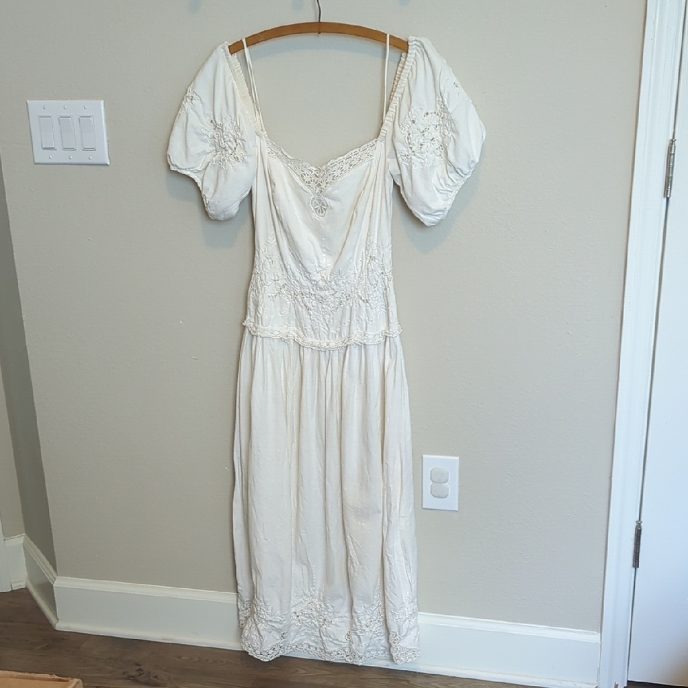 Vintage 1990 Marie St. Claire Linen Cream Puff Off-Sleeve Maxi Dress